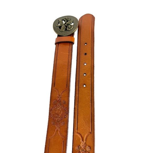 Old Navy Leather Belt Size S Floral Brass Buckle Cognac Brown Embossed VTG Y2K main image 11